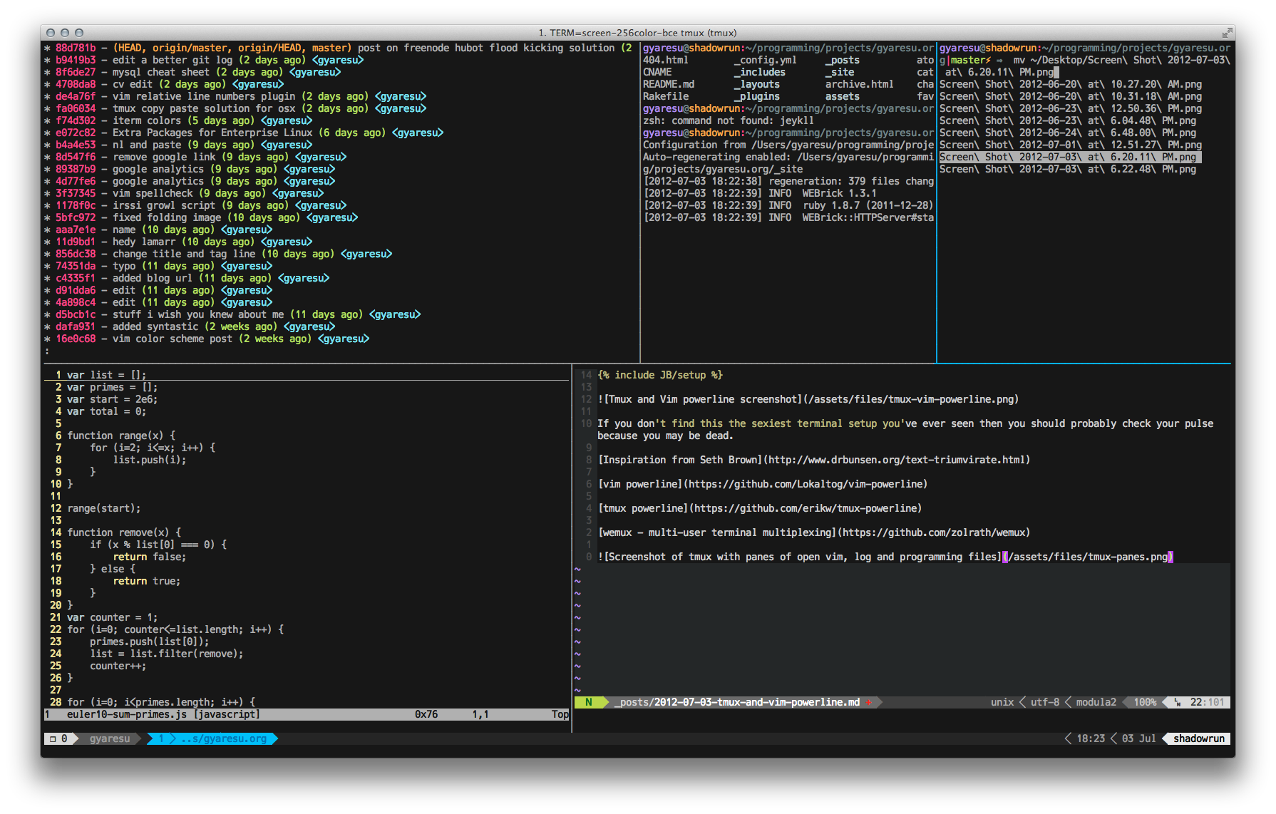 Screenshot of tmux with panes of open vim, log and programming files