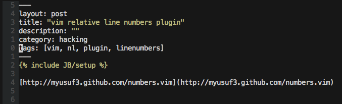Screen capture of line numbers centered on the curser in vim normal mode